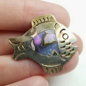 Vintage Fish Shape Brooch, Silver Tone and Mother of Pearl Pin, Estate